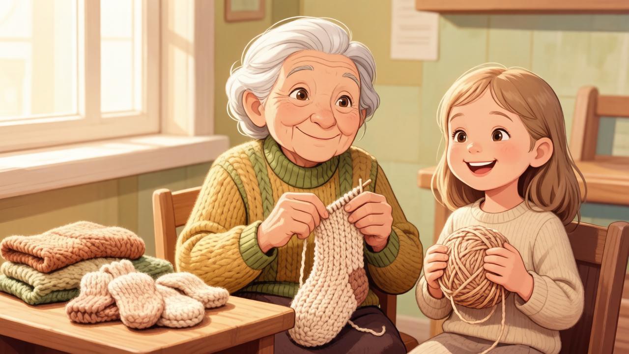 83-летняя женщина и 6-летняя девочка вместе вяжут для фронта — иллюстрация к материалу о волонтёрах «Творим добро».